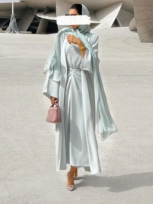 Eid 3 Piece Abaya Kimono Wrap Front Maxi Skirt Matching Set Women Muslim Hijab Dress Nida Beads Islam Outfit Kaftan