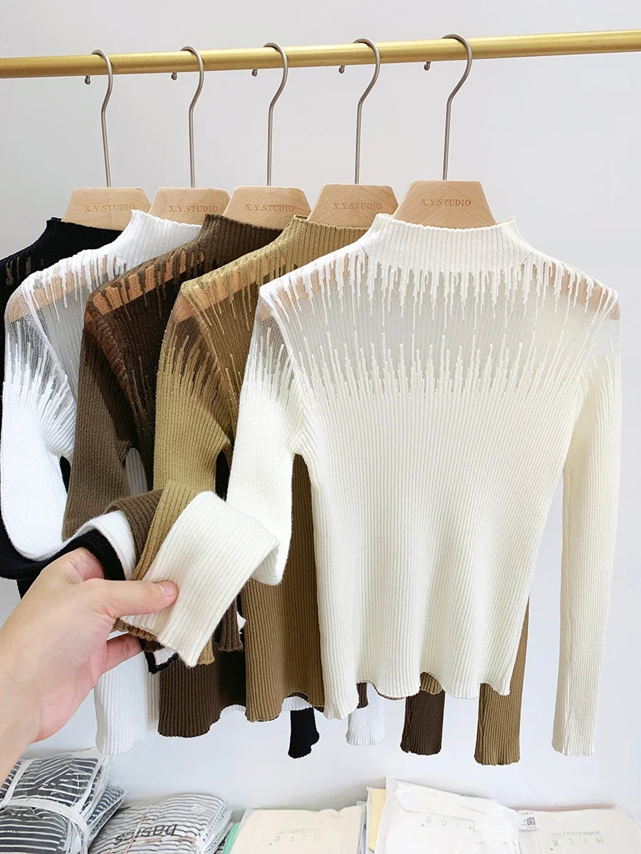 Soft and Comfortable Women's Knit Pullover with Half-high Collar for Winter, Perspective and Elastic Knitwear Top