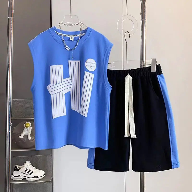 2 PCS Boy Summer New Children Vest Clothing Children4 5 6 8 10 12 14 Year  Short Sleeveless  Suit Kid Clothes