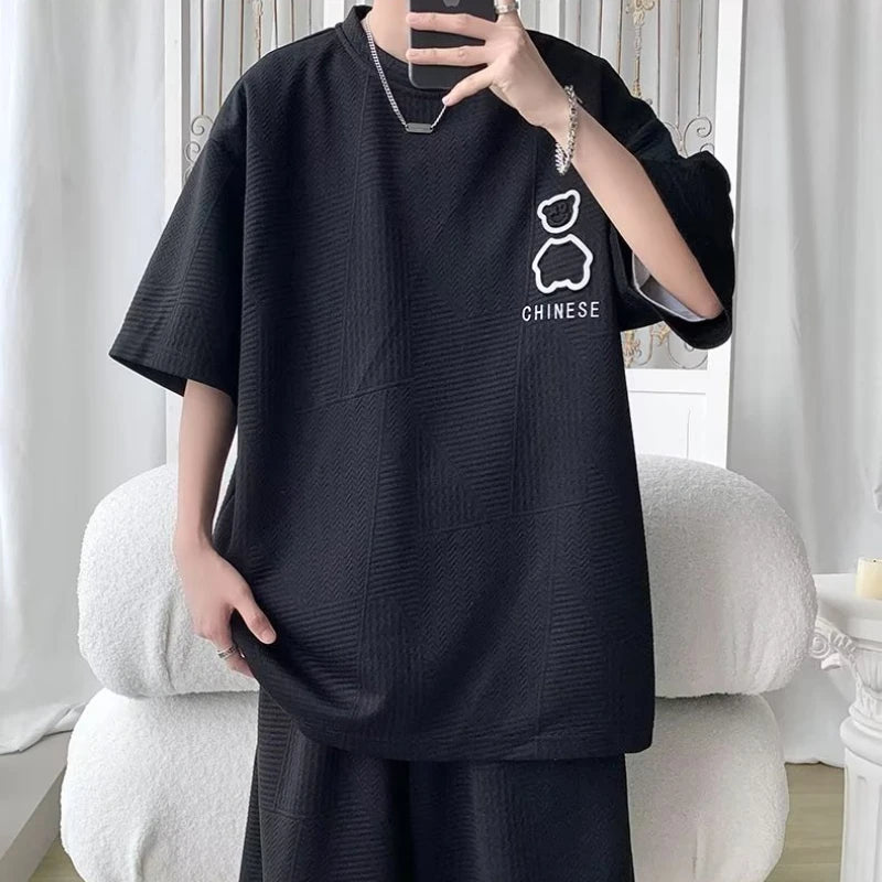 women's  Men's Sports Suit New Korean High Street Fashion T-shirt Shorts Two-piece Set Men Retro Neck Top Designer Clothes unisex