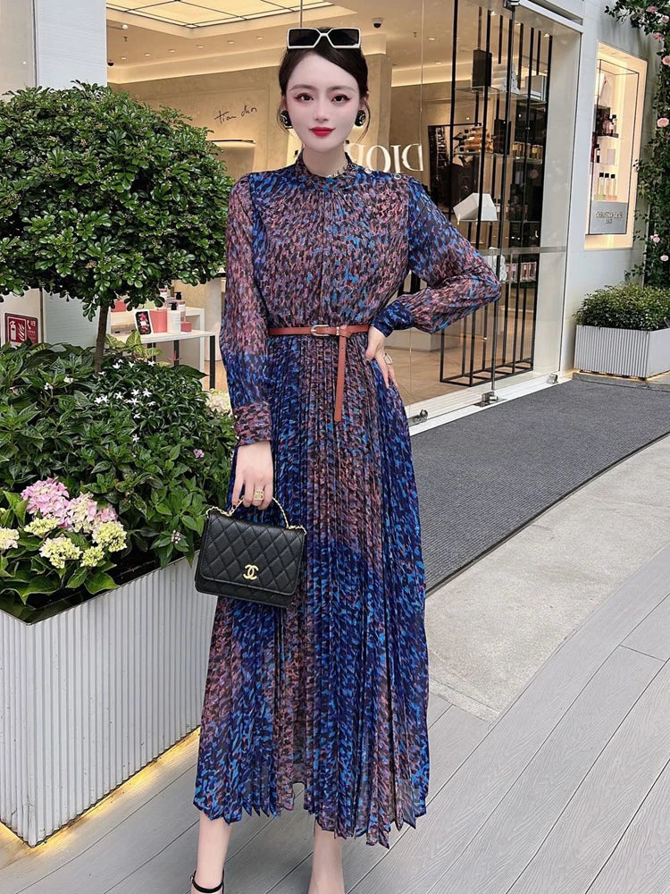 Runway Leopard Print Long Pleated Dress Women  Spring Elegant Designer Long Sleeve Vintage Bohemian Holiday Vestidos