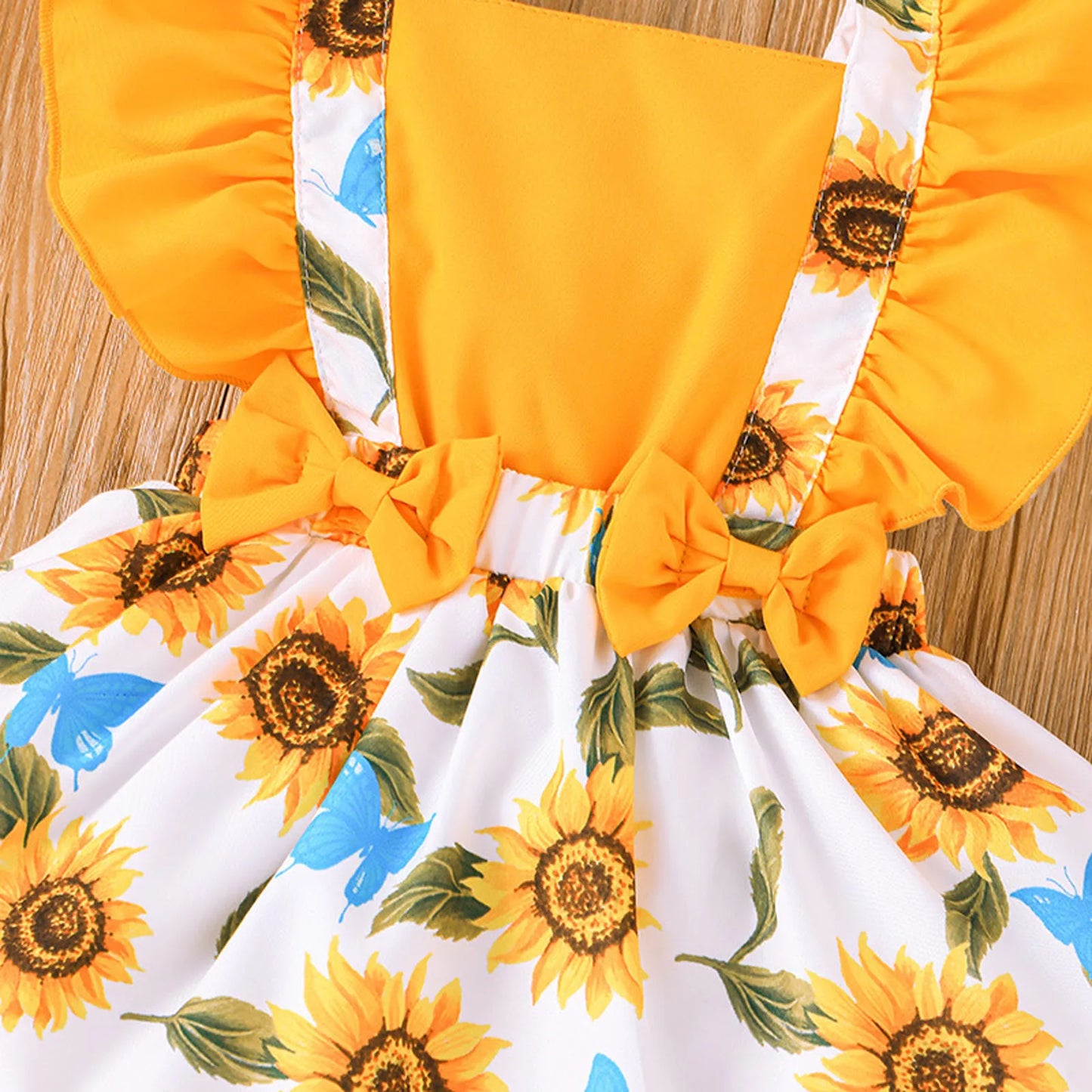 Newborn Infant Baby Girls Dresses Summer Fashion Ruched Fly Sleeve Floral Dress Sunflower Prints Bowknot Dress Baptismal Skirts