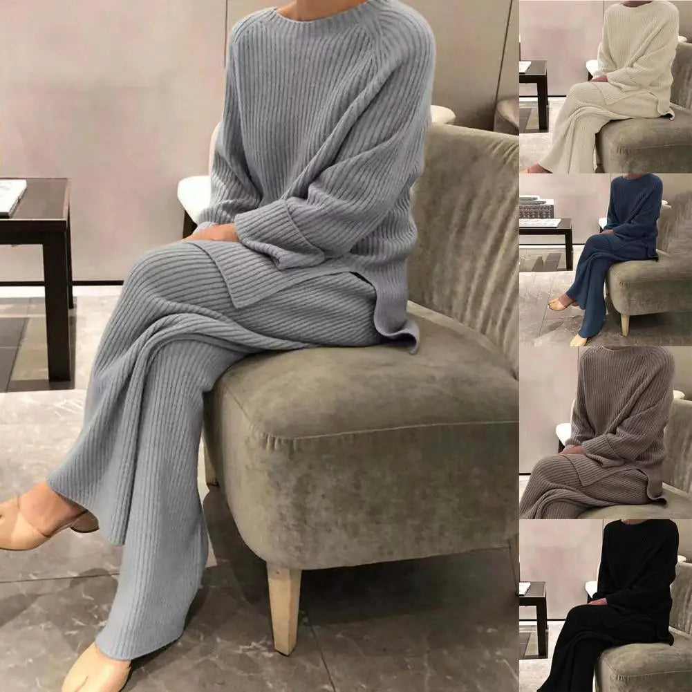 Autumn Winter 2 Pieces Women Outfit Sets Knitted Tracksuit Crew Neck Sweater and Wide Leg Jogging Pant Loose Pullover Home Suits