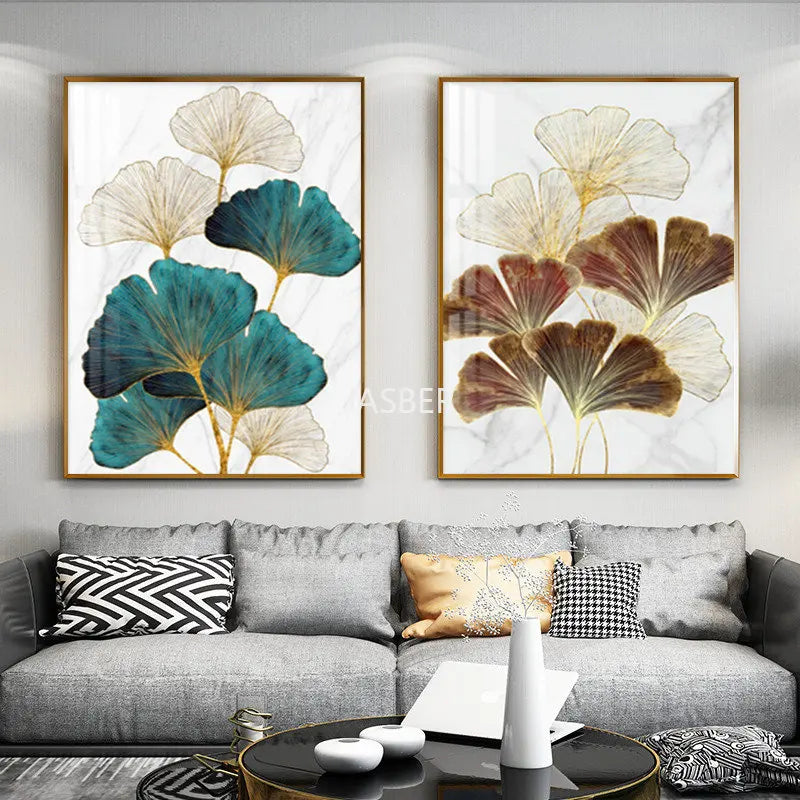 Green Ginkgo Biloba and Abstract Gold Wall Art Canvas Painting Leaf Posters and Living Room Prints Decoration Home Decor Picture