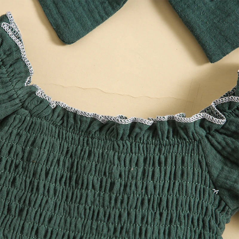 Infant Baby Girl 2 Piece Set Square Neck Short Sleeve Shirred Frill Trim Mesh Romper Dress + Solid Color Headband Toddler Outfit