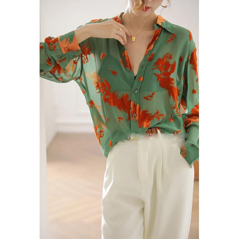 Fashion Lapel Button Printed Loose All-match Shirts Women's Clothing  Autumn Oversized Casual Tops Commuter Blouses