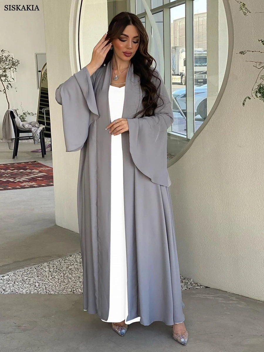 Open Kimono Abaya For Women Fashion Ruffle Sleeve Arab Clothing Jalabiyat Soft Gulf Robe