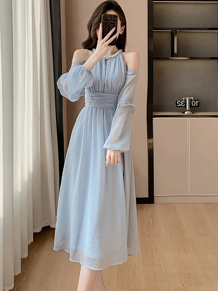 Women Blue Chiffon Off Shoulder Sexy Long Dress Spring Elegant Chic Diamonds Casual Dress  Korean Fashion Bodycon Prom Dress