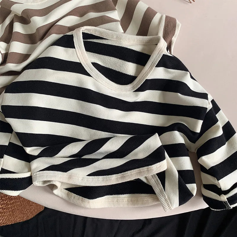 Spring Autumn New Children Casual T Shirt Loose Kids Striped T Shirts Cotton Tee Boys Girls Long Sleeve Tops Baby Clothes girl boy