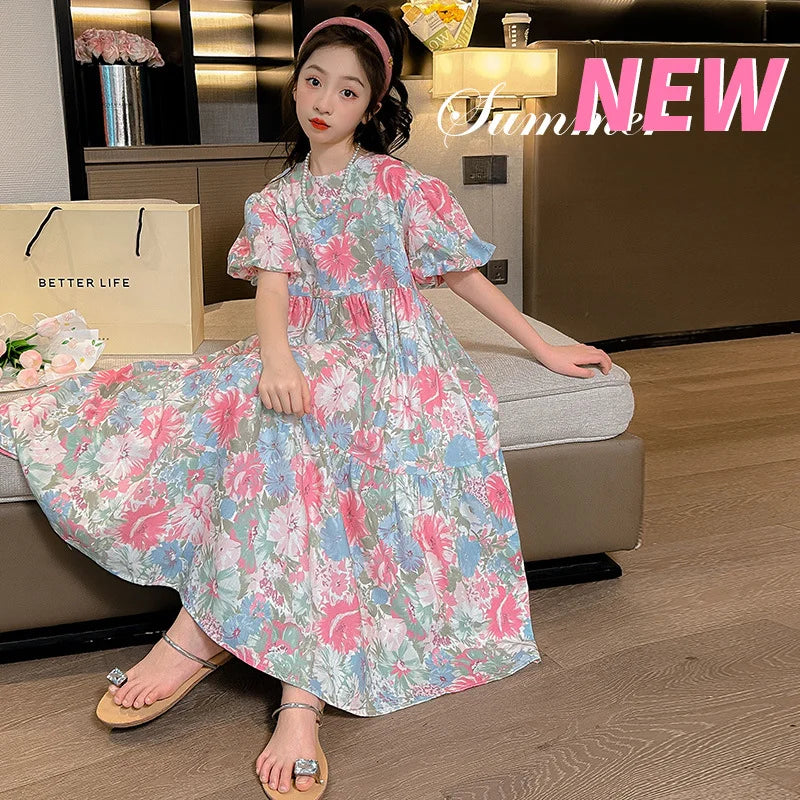 Summer Girls Printed Dress Puff Sleeve Casual Long Floral Pincess Dresses for Kids Teenage Children Clothes