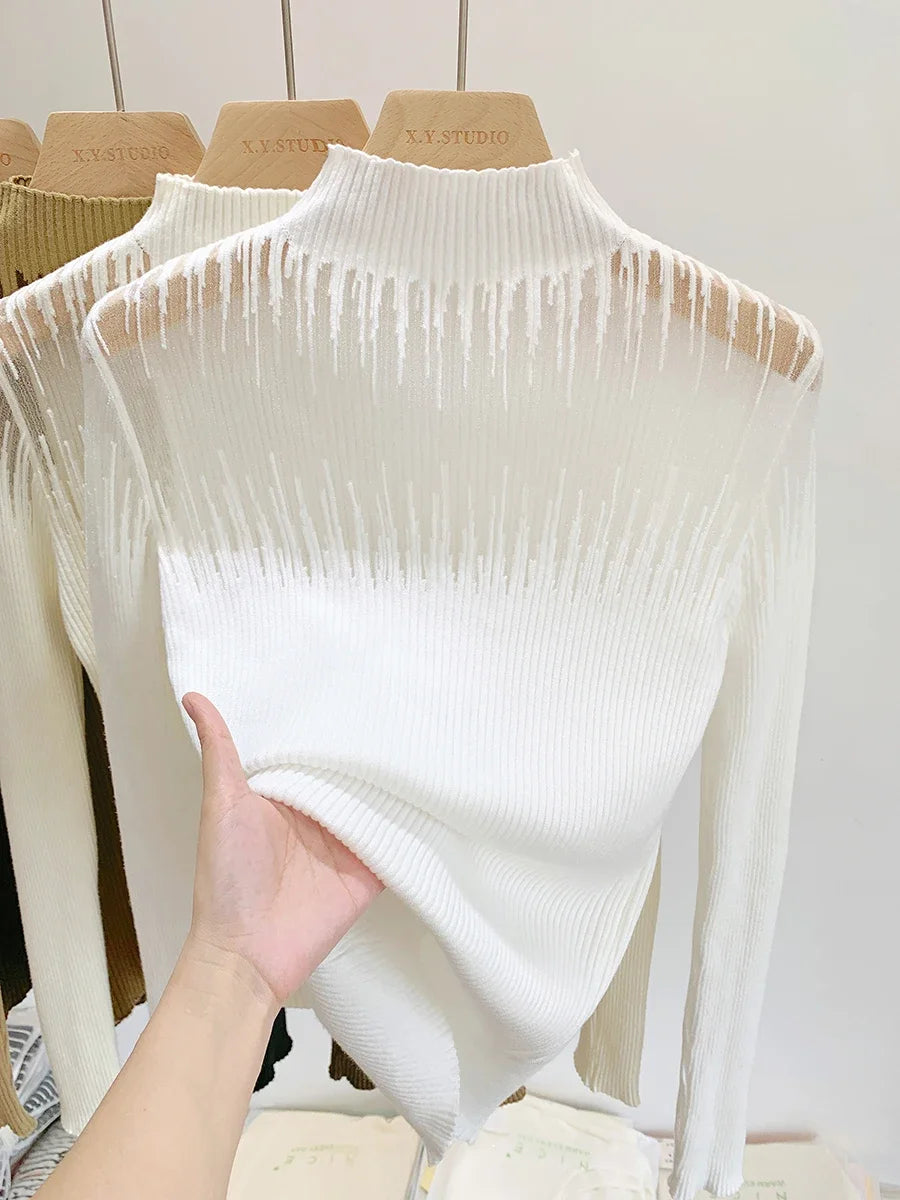Soft and Comfortable Women's Knit Pullover with Half-high Collar for Winter, Perspective and Elastic Knitwear Top