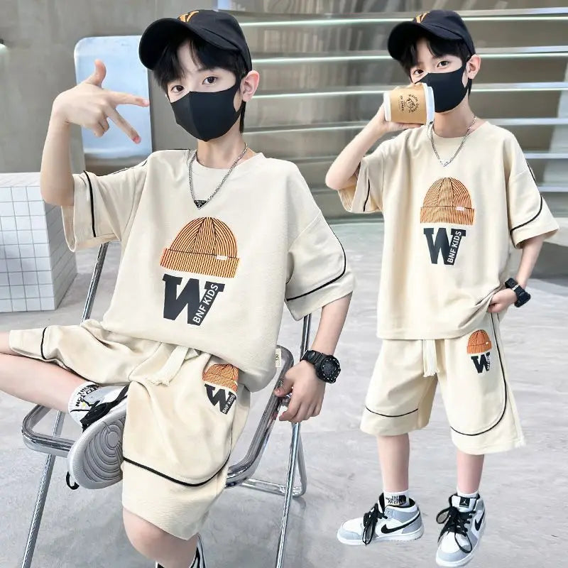 Boys Summer  New Casual Shorts Sleeve Sleeveless T-shirts+Pants 2pcs Sets kids Teenage Sportswear Children Outfits Set
