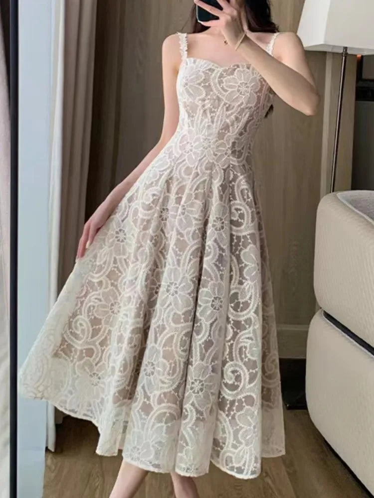Sleeveless Casual A-Line Lace Women Summer Dress Strap Elegant Chic Solid Party Birthday Prom Robe Female Vestidos Mujers
