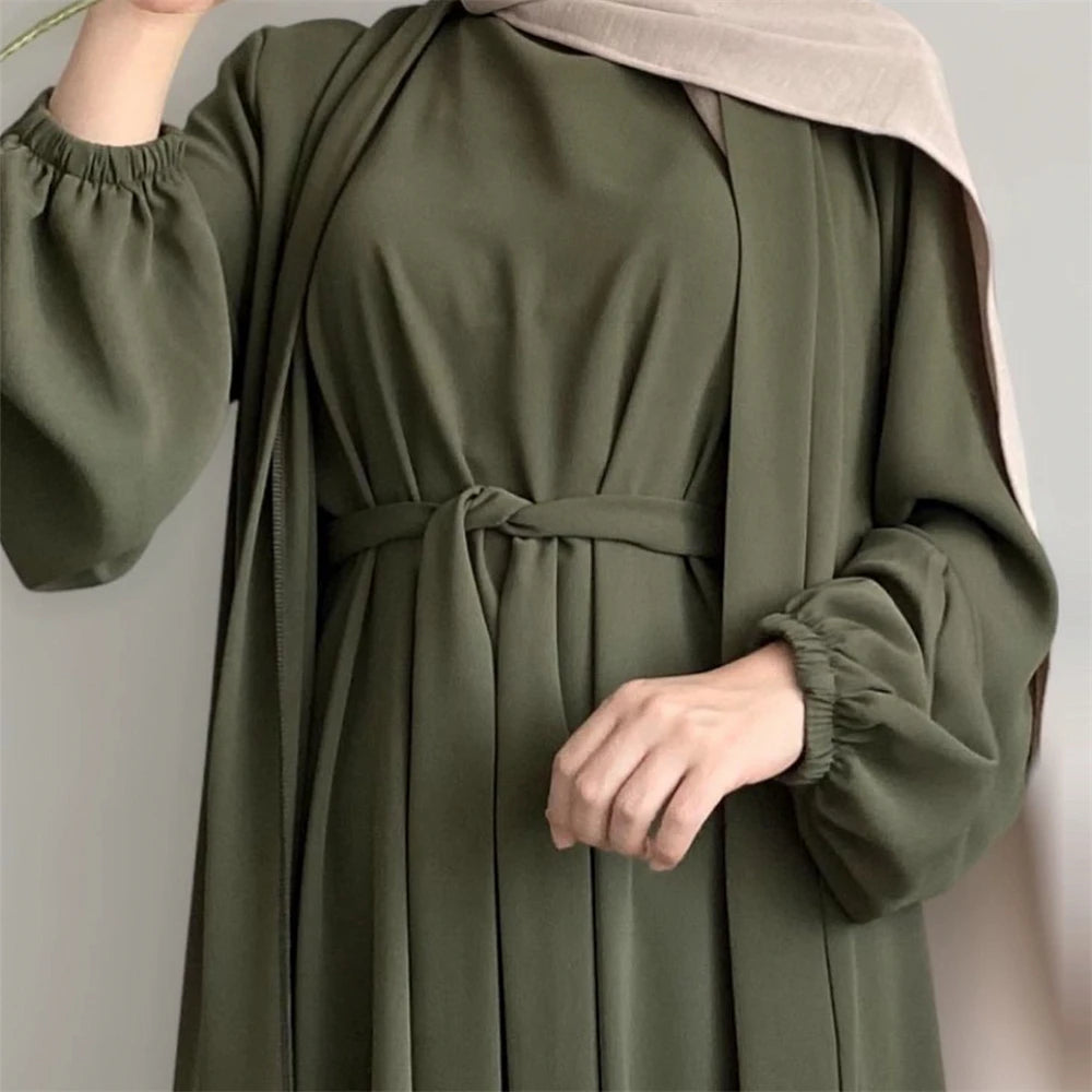 Eid Mubarak Muslim Women Open Abaya Kimono Inner Maxi Dress Set 2 Pieces Kaftan Arabic Ramadan Robe Caftan Jalabiya