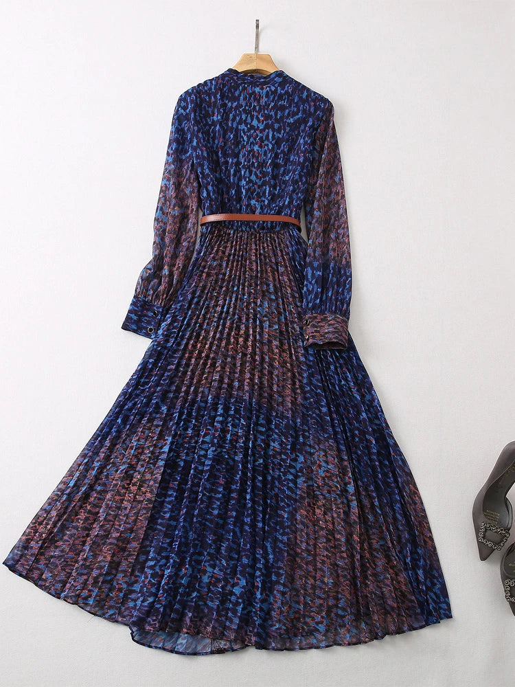 Runway Leopard Print Long Pleated Dress Women  Spring Elegant Designer Long Sleeve Vintage Bohemian Holiday Vestidos