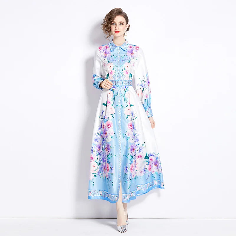 Spring Women'S Clothing Floral Print Shirt Dress Long Puff Sleeve Socialite Office Party Maxi Dress Vestidos