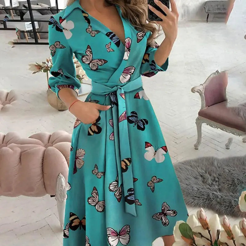 Temperament Women'S New Printed V-Neck Long Sleeved Dress Fashionable Slim Fit High Waist Irregular Dress Party Club
