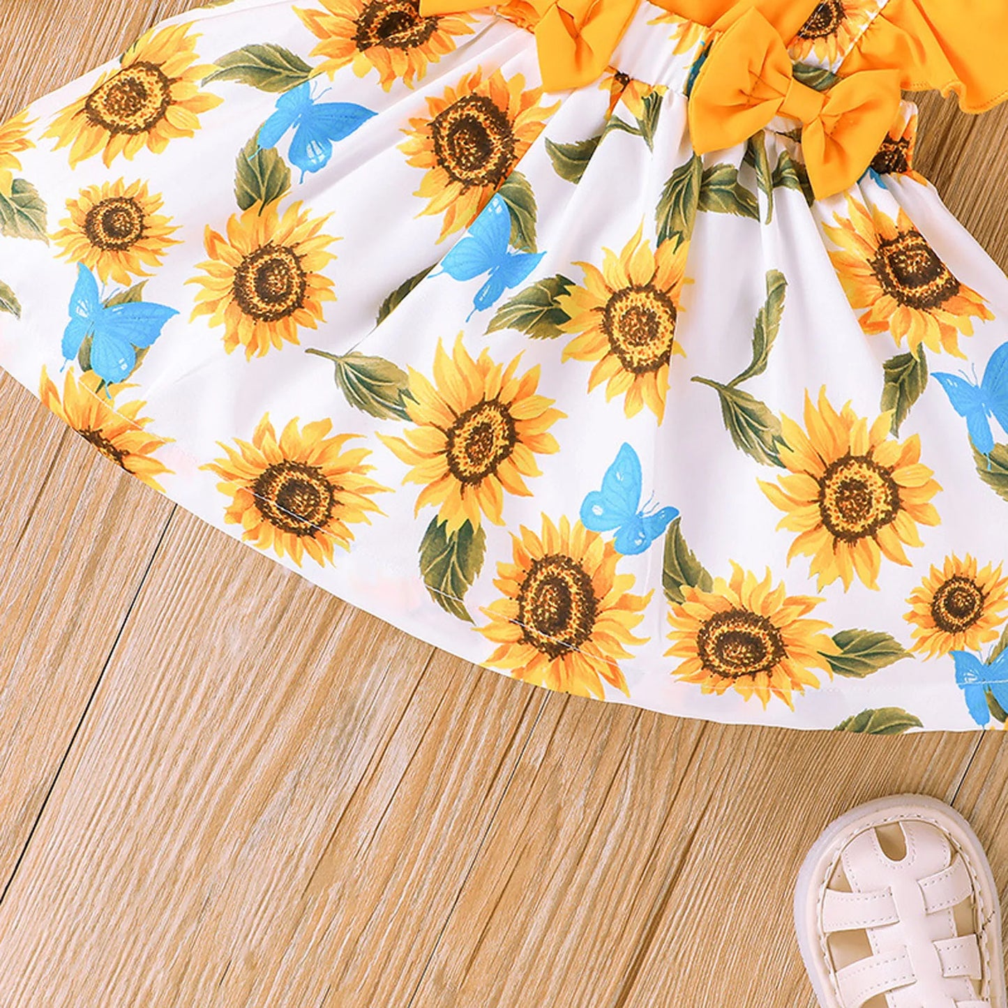 Newborn Infant Baby Girls Dresses Summer Fashion Ruched Fly Sleeve Floral Dress Sunflower Prints Bowknot Dress Baptismal Skirts