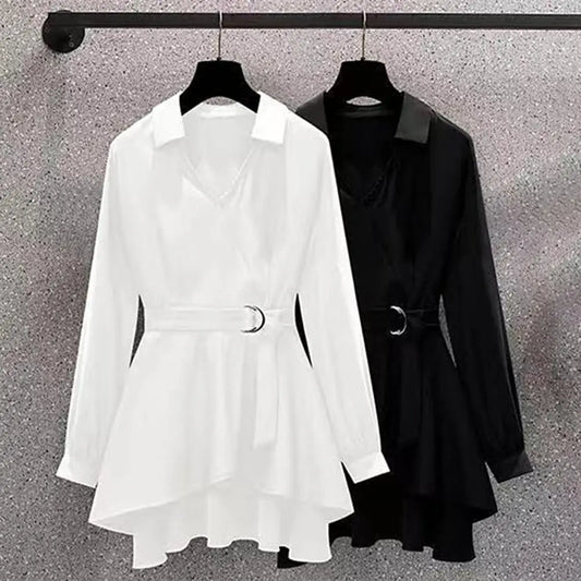 Women's Shirt Lapel V Neck Long Sleeves Waist Tight Adjustable Belt Pullover Shirt Female Clothing