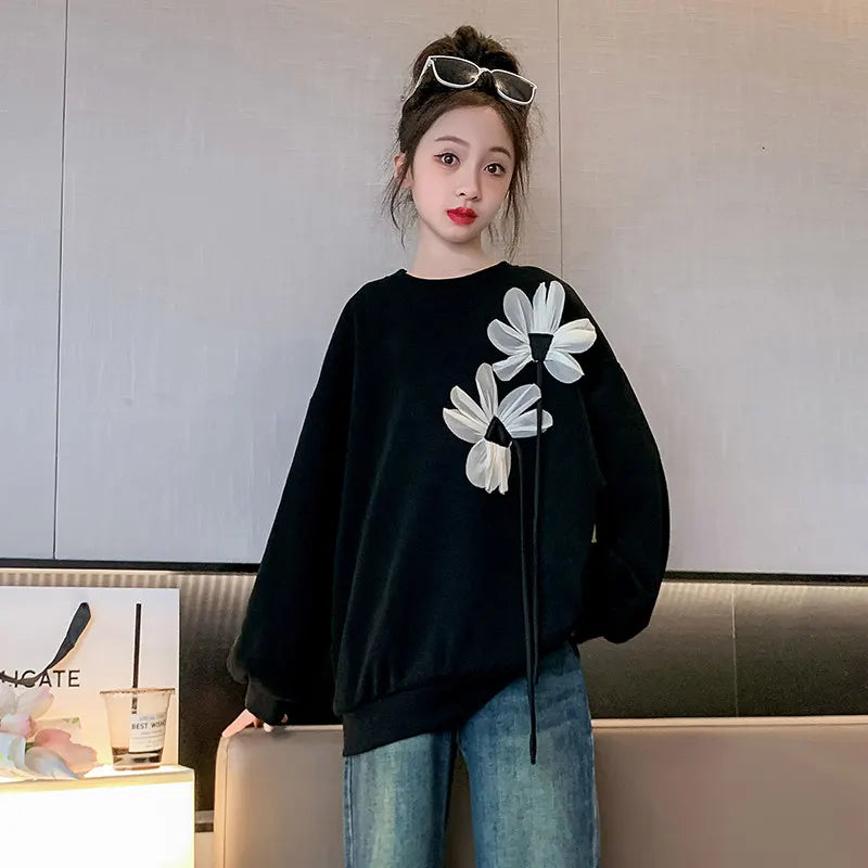 Teen Girls Black Sweatshirt Long Sleeve Tops with Flower Spring Autumn Children Clothes Casual Sweatshirt