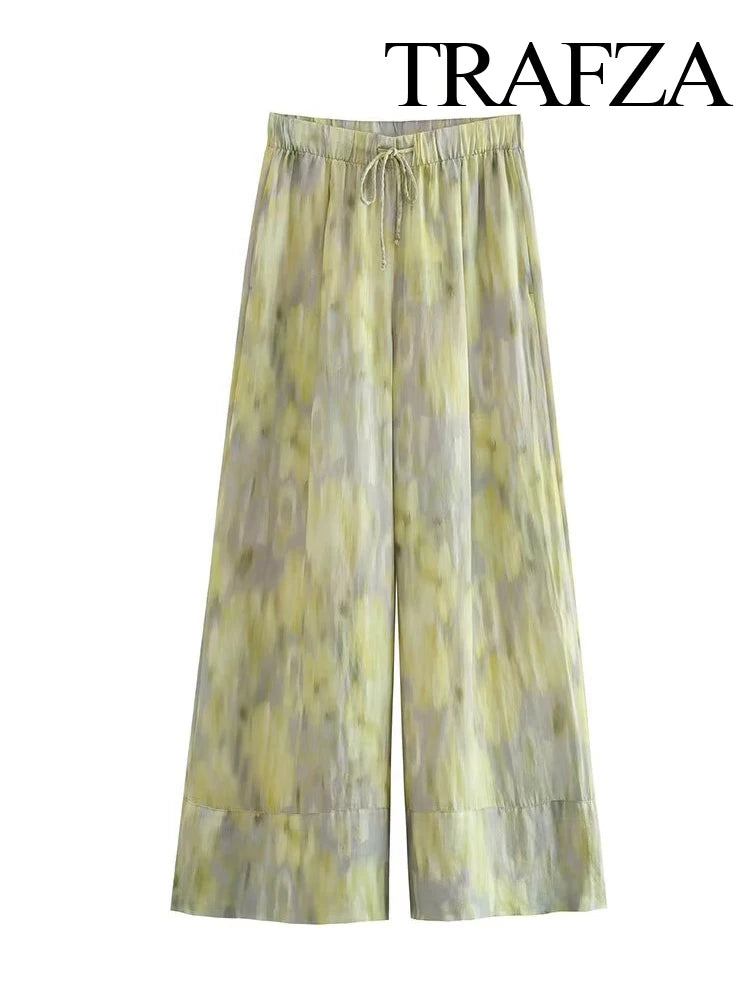Woman Fashion Vintage Printed Trousers Summer Woman Tie-dye Patchwork High Waist Bow Tie Elastic Waist Wide Leg Pants