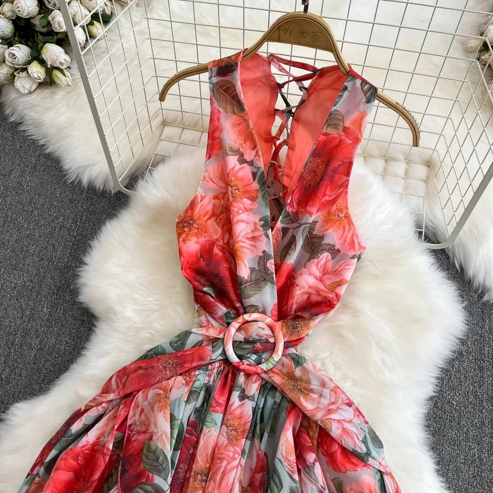 Floral Print Sleeveless Elegant  Dress A-line Casual Beach Vacation Dress Women Fashion Evening Party Summer
