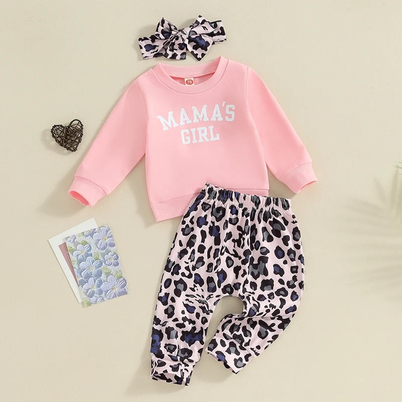 Toddler Baby Girls Outfits Long Sleeve Letter Print Sweatshirt Leopard Pants Headband Set Clothes