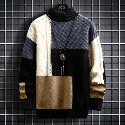 Men Sweater Warm Fashion Stitching Color Matching Pullover Round Neck Sweater Thickened Knitted Sweater