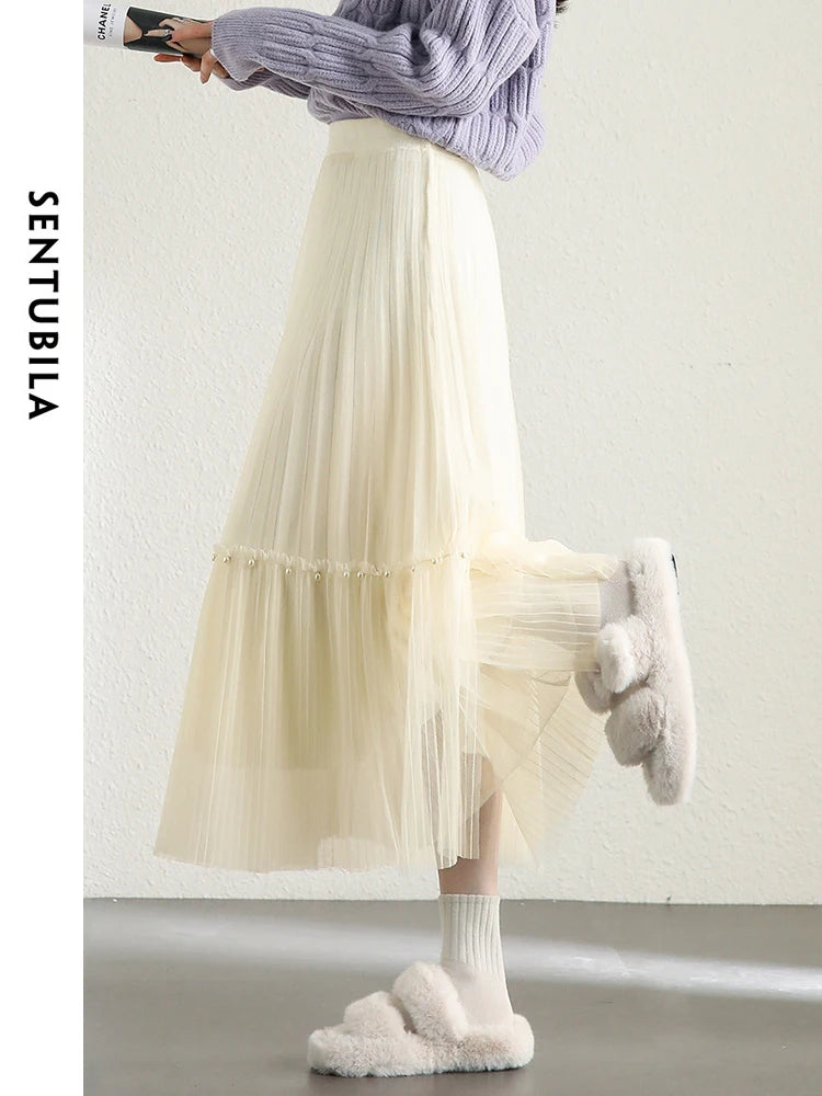 High Waist A-line Mesh Women's Skirt  Spring Simple Elastic Waist Beading Pleated Midi Skirts for Woman