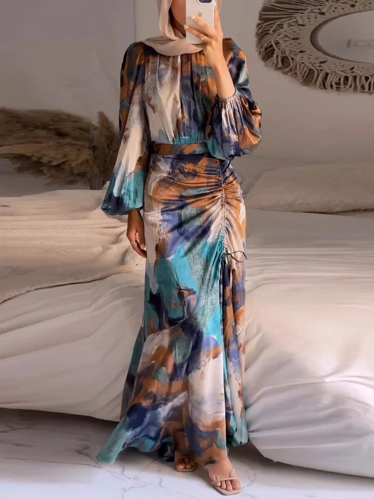 Eid Arab Muslim Party Dress for Women Abaya Print Jalabiya Long Dresses Morocco Kaftan Vestidos Dubai Ramadan Gown Robe