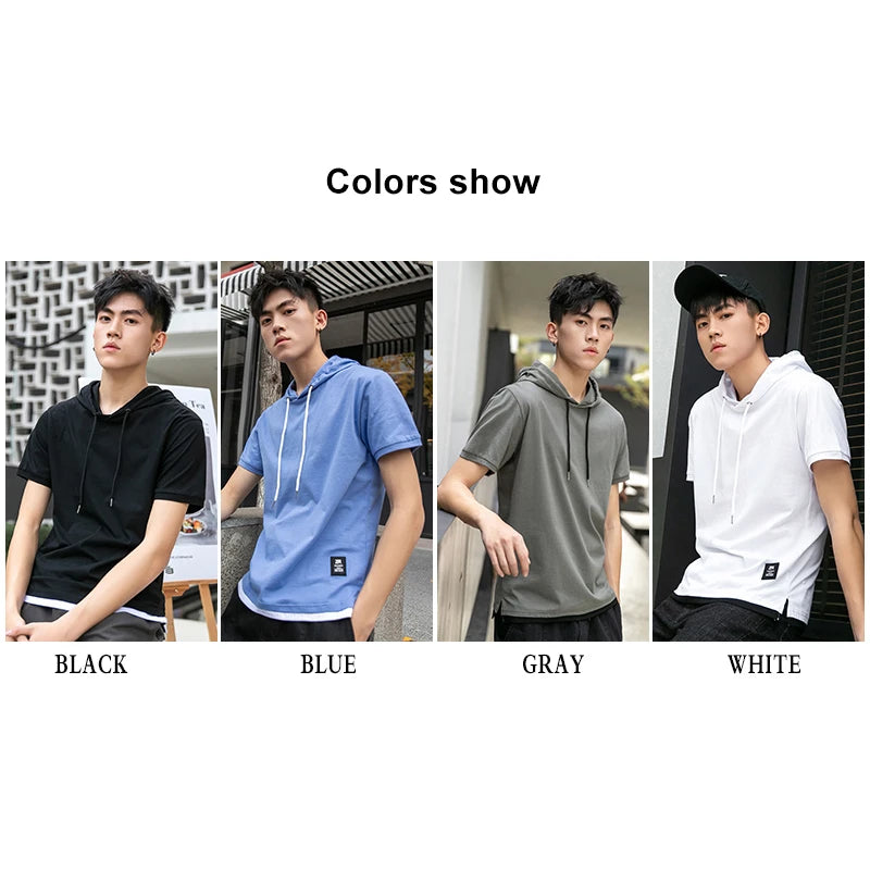False Two Short Sleeve T-shirt Men's Hoods Casual Loose Summer New Solid Color Stitching Cotton Top Tee