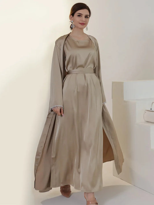 Satin Beading Open Kimono Solid Full Sleeve Sashes Arabic Robe Included Pockets