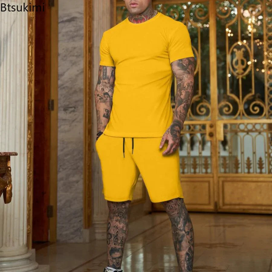Summer 2PCS Tracksuit for Men Short Sleeve T-Shirt+Shorts 2 Piece Set Sports Suit Men Solid Gyms Fitness Sportswear Sets