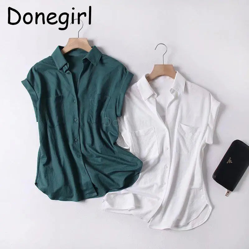 Women Spring Summer Short Sleeve Pockets Versatile Commute Shirt Solid Simple Casual Slim Blouses Female Tops