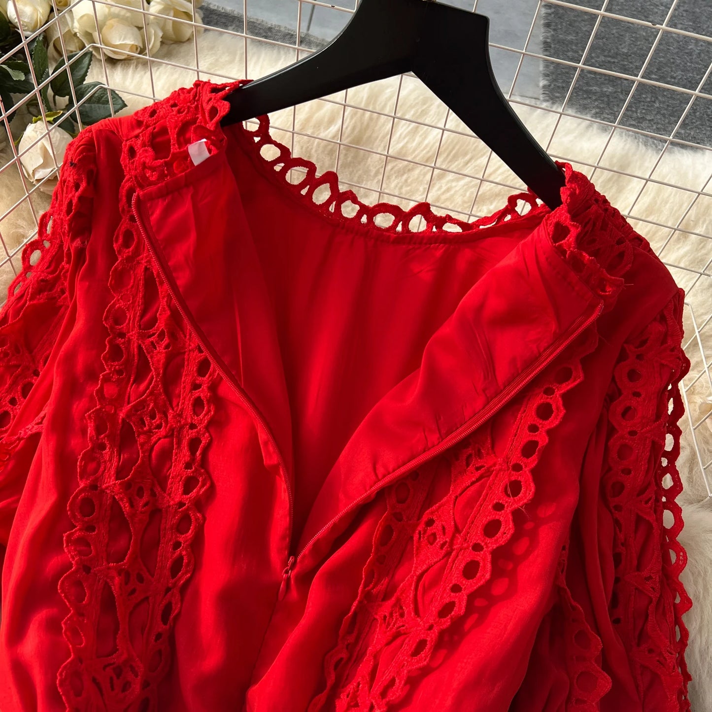French Vintage Lace Hollow Patchwork Puff Sleeves O Neck Dress Casual Women Fashion Autumn Vacation Dress