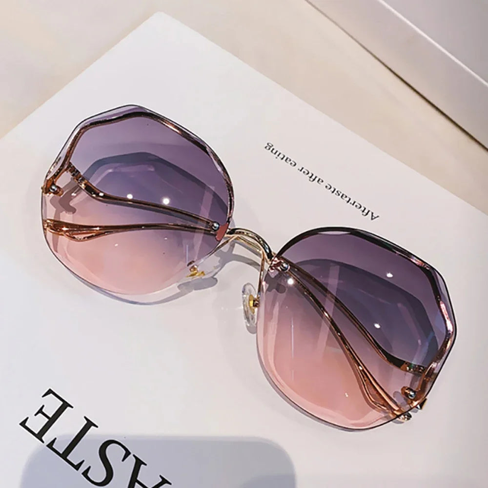Irregular Round Sunglasses Women Brand Designer Gradient Fashion Sun Glasses Female Rimless Metal Curved Temples Oculos De Sol