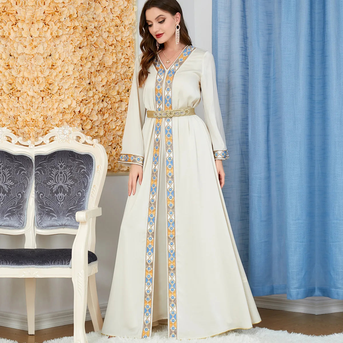 Moroccan Jellaba Women Abaya 2 Piece Set Party Dresses Luxury Floral Lace Tape Dubai Turkey Kaftan Muslim Fashion Women Dress luxury