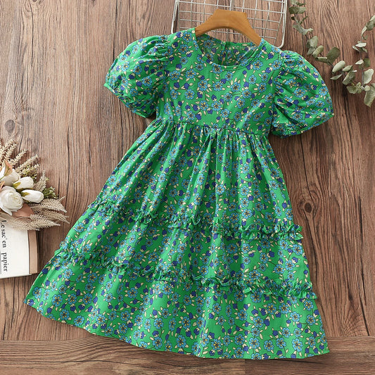Kids Girls Dresses Short Sleeve Summer Costumes Teenagers Green Floral Print Maxi Dress Baby Children Clothing 6 8 9 10 12 Years