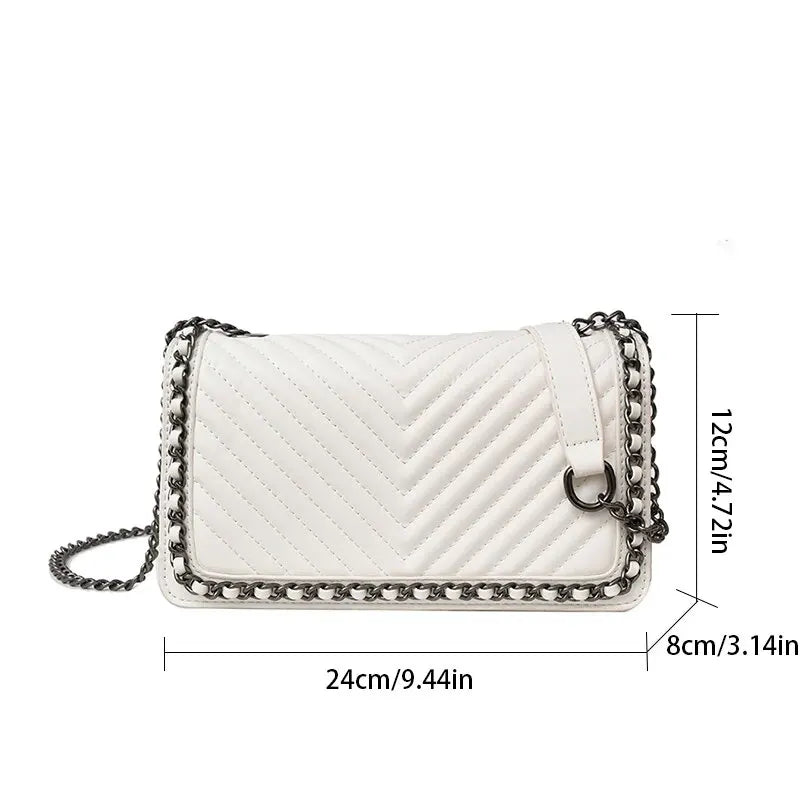 Simple Small Square Bag With Chain Decoration V Embroidery Thread Single Shoulder Crossbody Bag