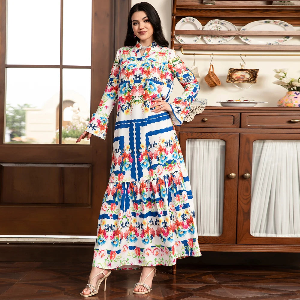 Flared abaya Sweet Long Dresses for Women V-neck, Color contrast Splicing  Sleeve Female A-line Skirt Kaftan