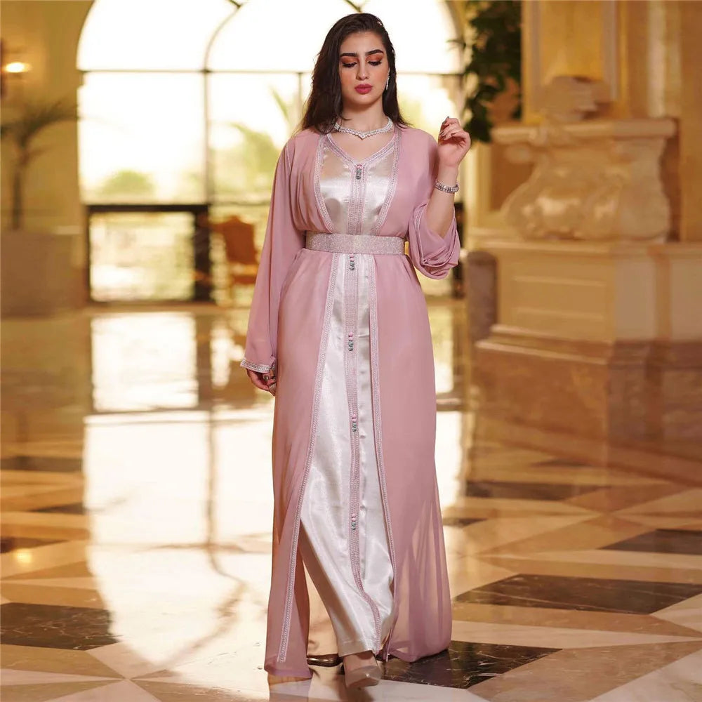 Muslim Open Abayas Sleeveless Dress 2 Piece Women Kaftan Chiffon Set Caftan Islamic Ramadan Vestidos Outfit