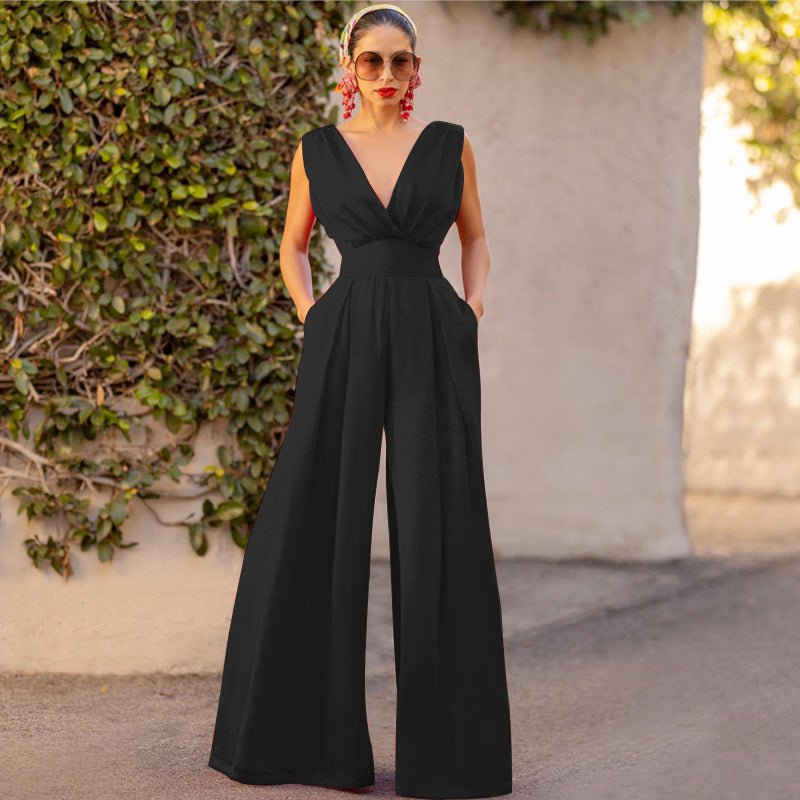 Solid Color And V-neck High Waist Wide Leg Jumpsuit