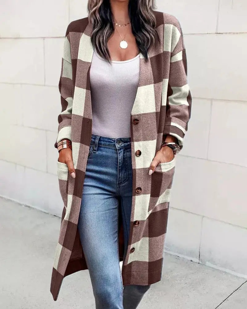Women's Loose Plaid Button Pocket Woolen Coat Cardigan