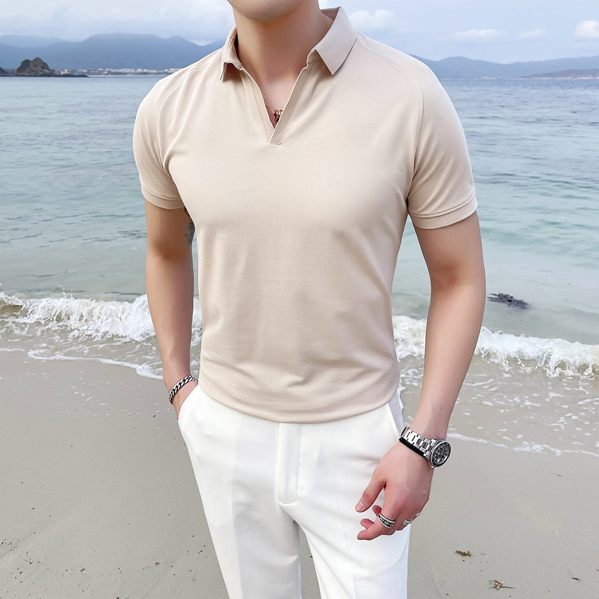 V-neck Short Sleeved Men's Style