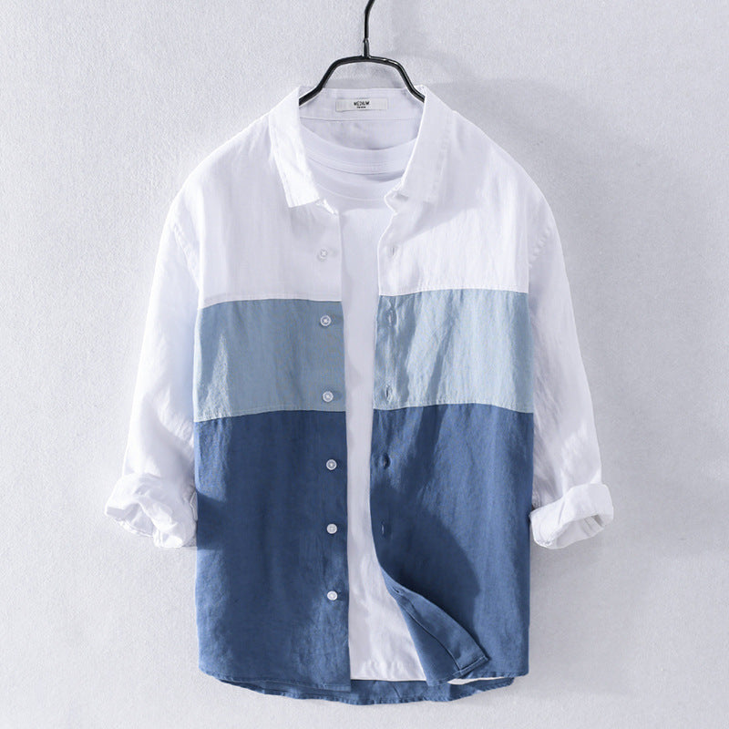 Men's Linen Leisure Color Matching  Sleeve Shirt