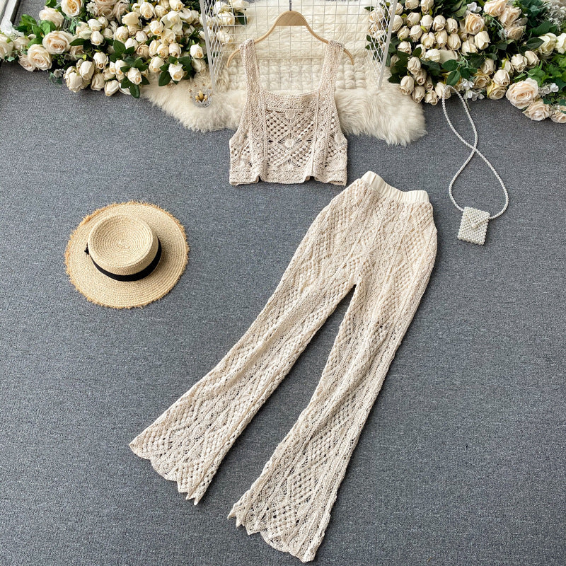 Square Collar Vest Short Top High Waist Sheath Hollow Design Sense Bell-bottom Pants Two-piece Set